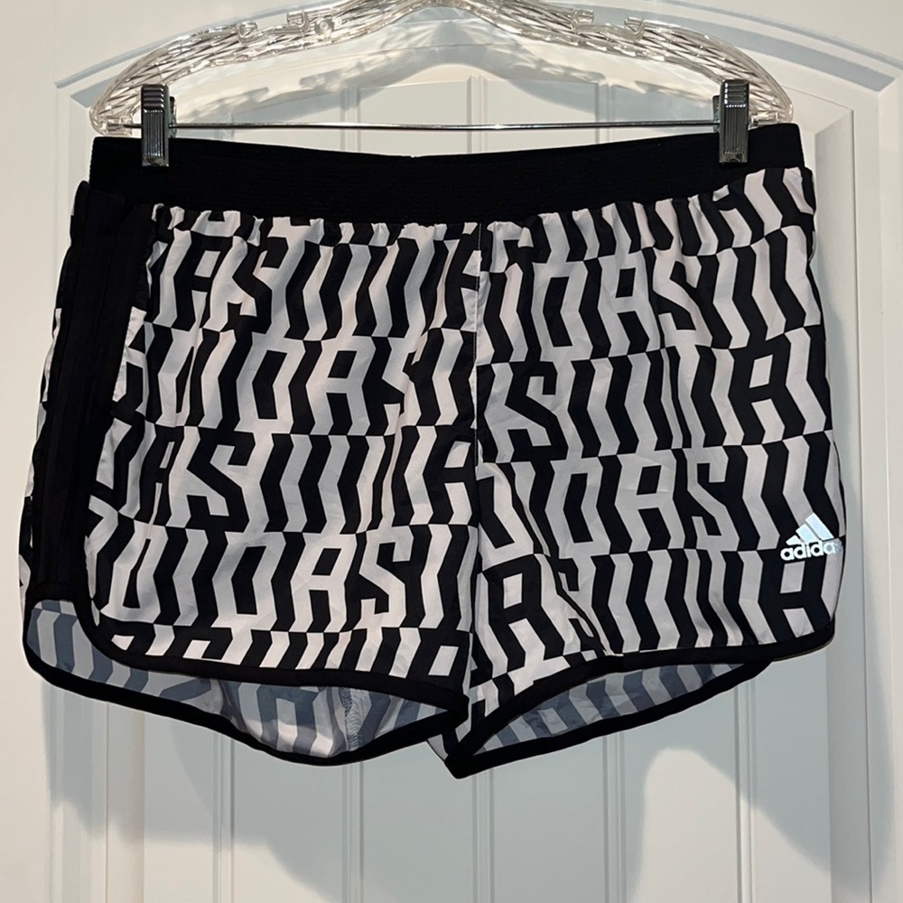 Adidas aeroready black and white all over spell out running shorts 4” Large